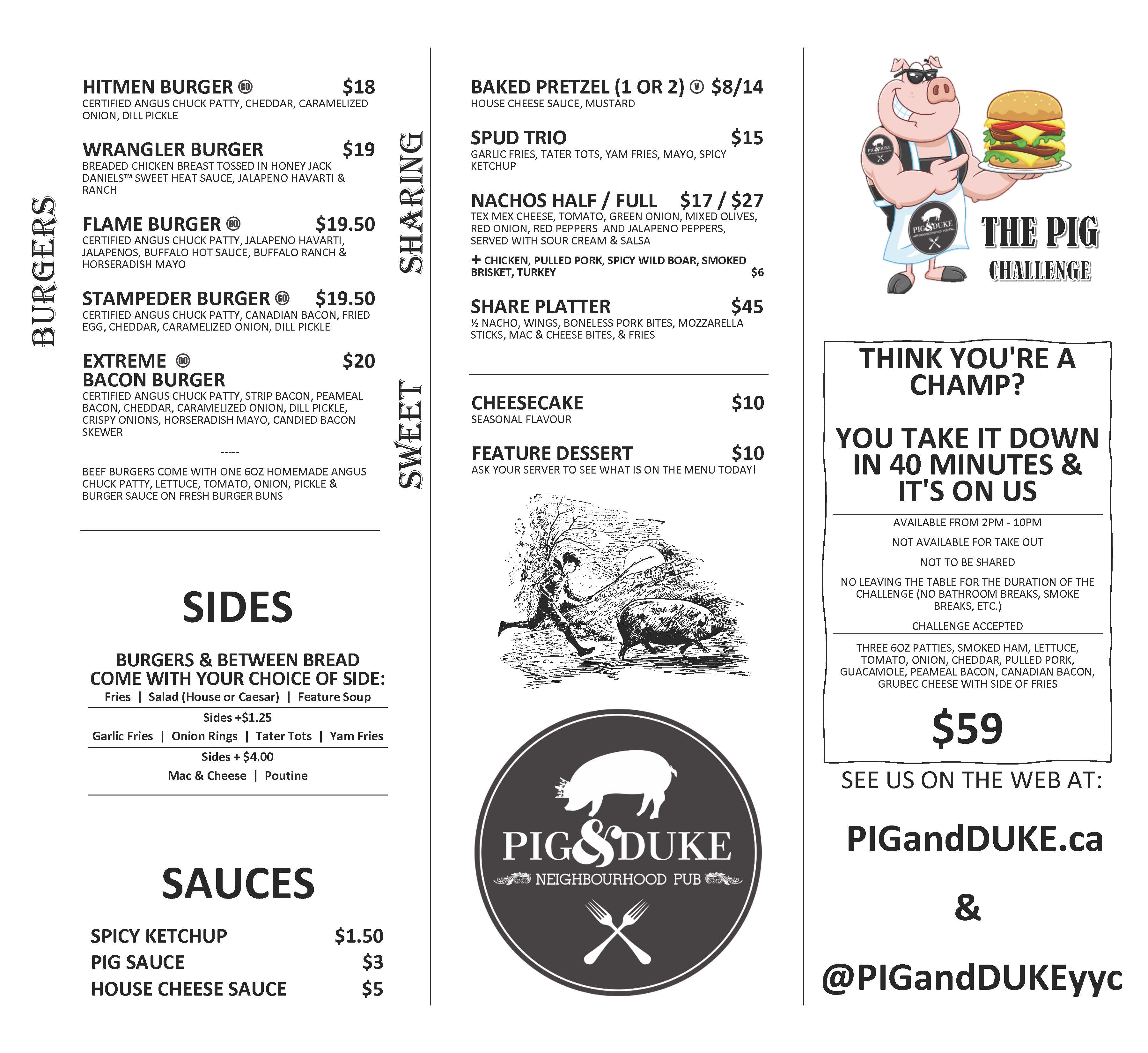 Pig & Duke Food Menu Page 1