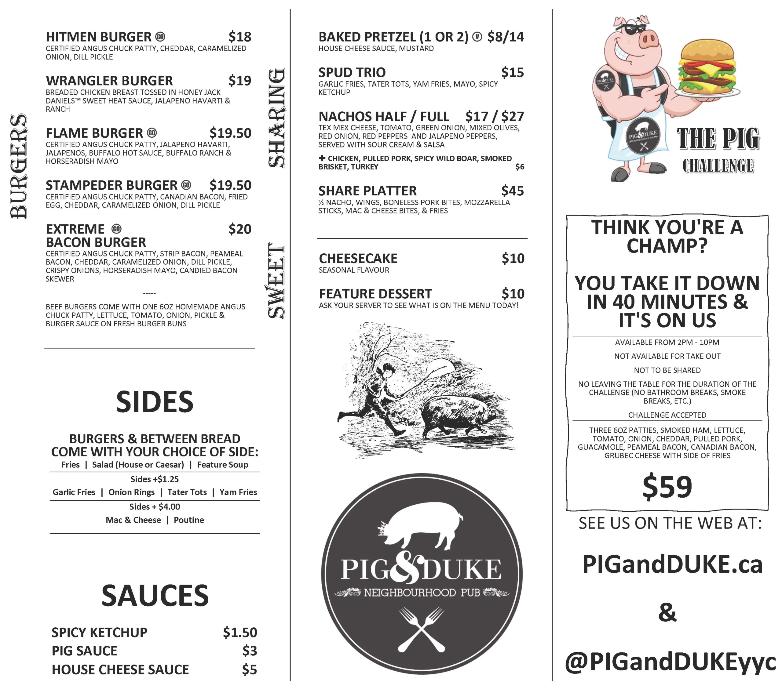 Pig & Duke Food Menu Page 1