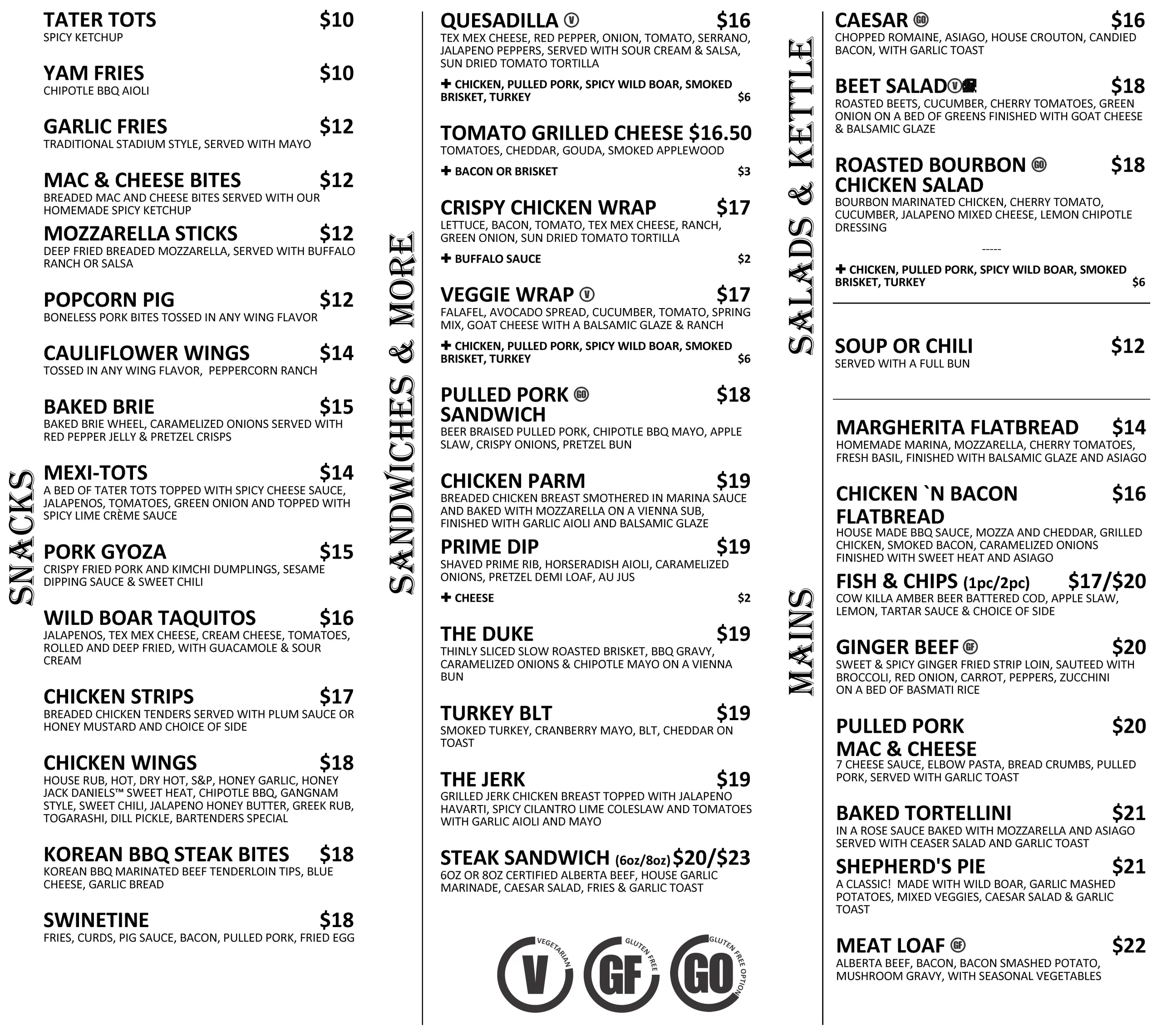 Pig & Duke Food Menu Page 2
