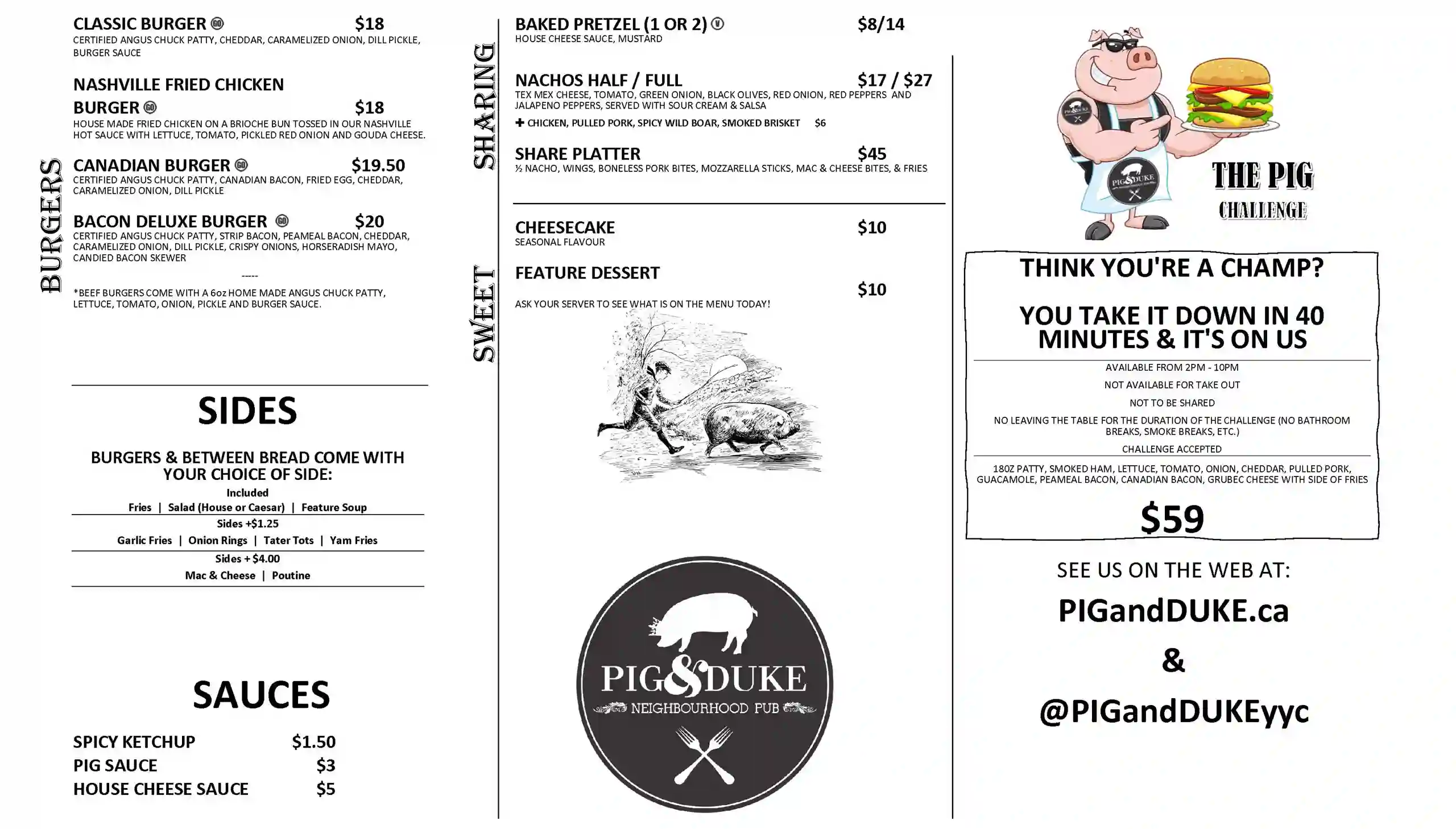 Pig & Duke Food Menu Page 1