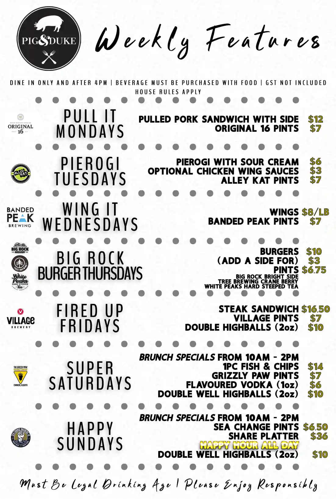 Pig & Duke Weekly Features: Pull It Mondays, Pierogi Tuesdays, Wing It Wednesdays, Big Rock Burger Thursdays, Fired Up Fridays, Super Saturdays & Happy Sundays
