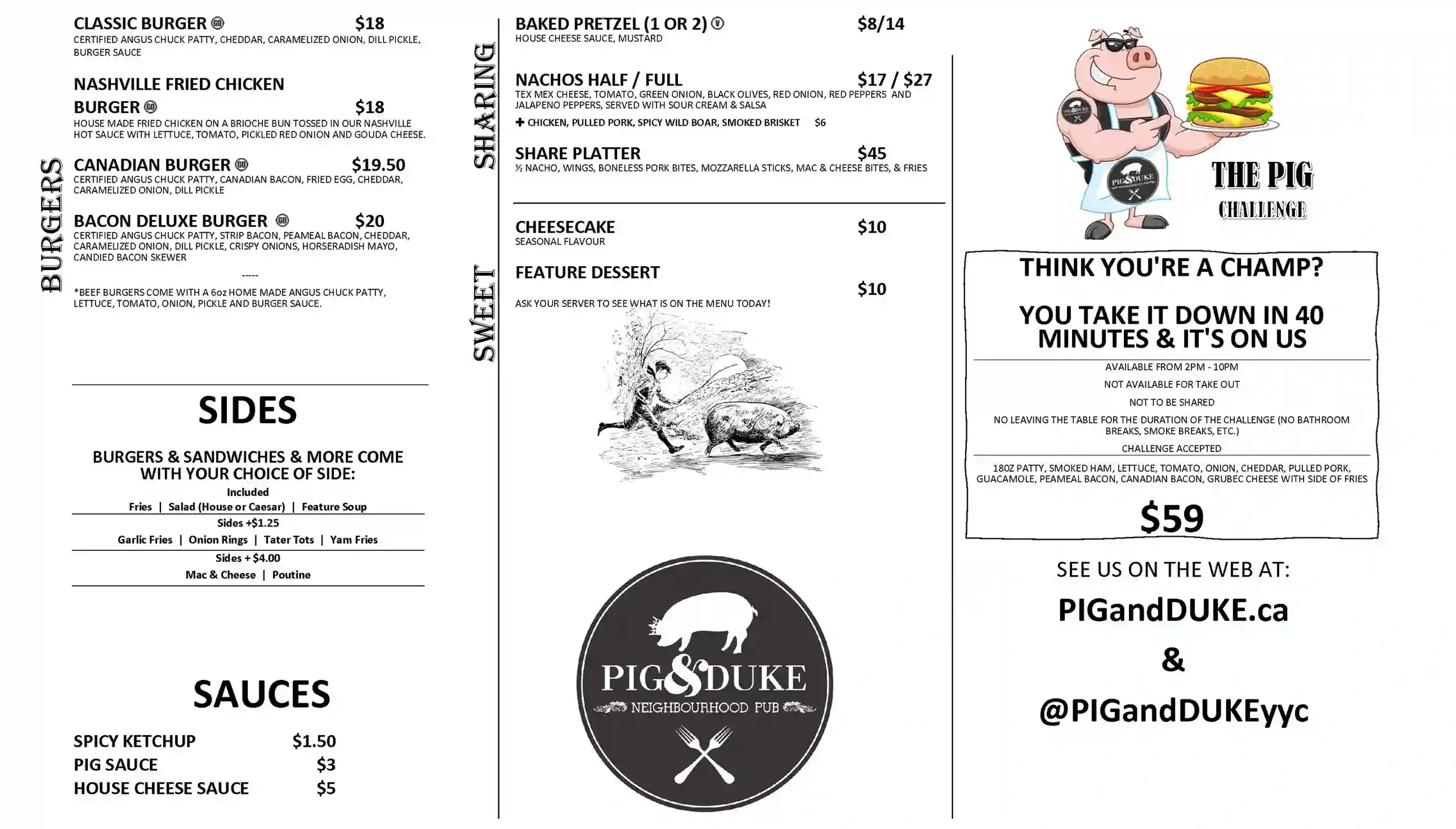 Pig & Duke Food Menu Page 1