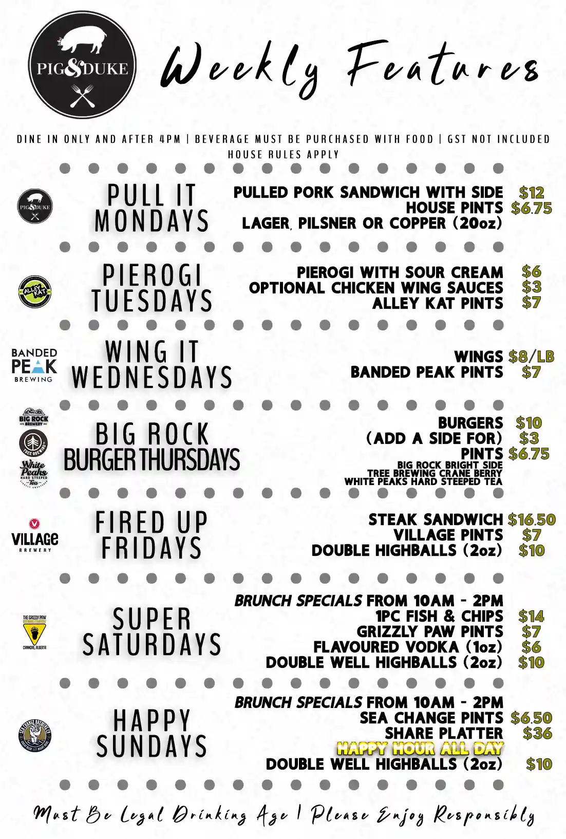 Pig & Duke Weekly Features: Pull It Mondays, Pierogi Tuesdays, Wing It Wednesdays, Big Rock Burger Thursdays, Fired Up Fridays, Super Saturdays & Happy Sundays