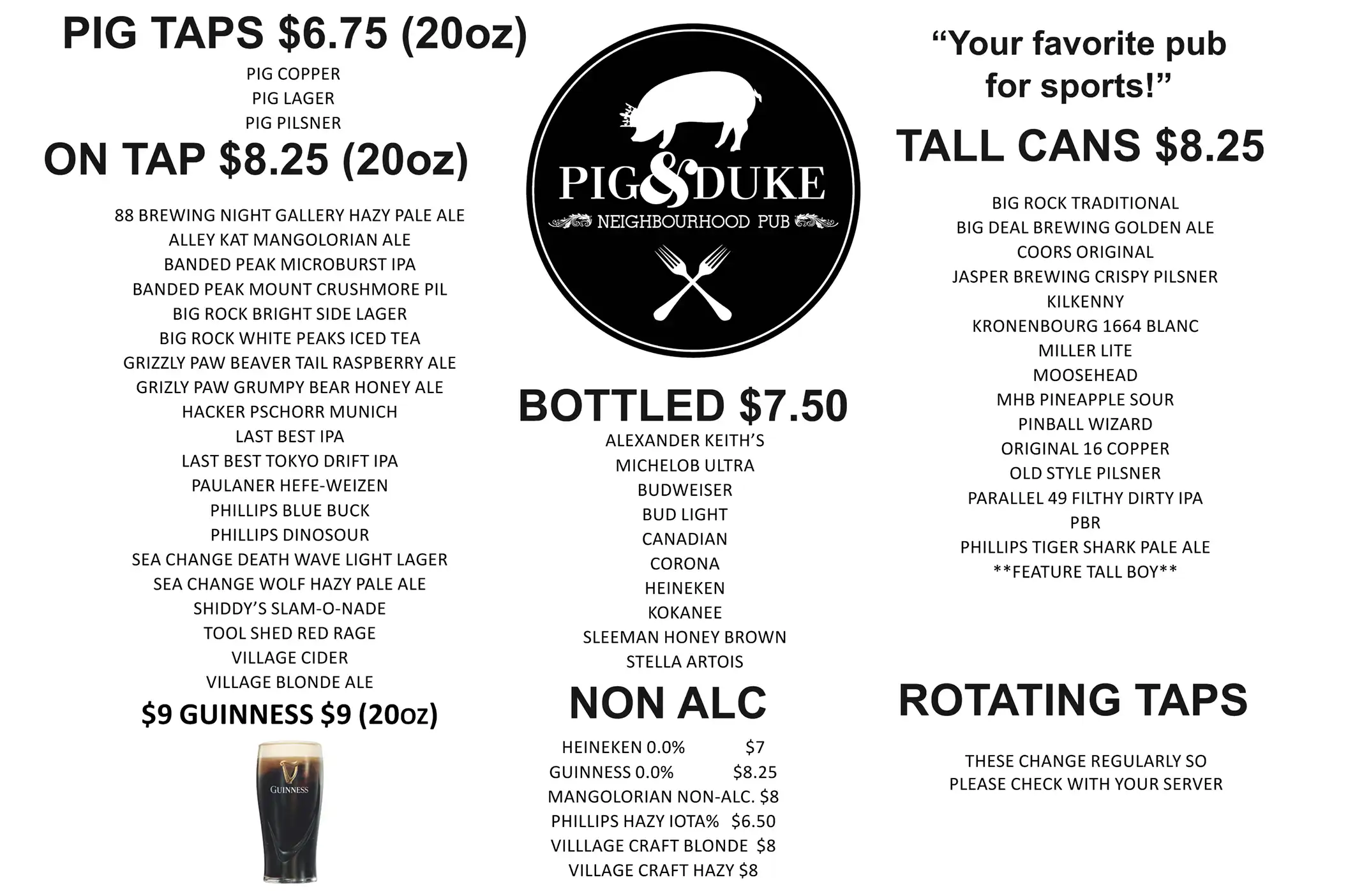 Pig & Duke Drink Menu Page 1
