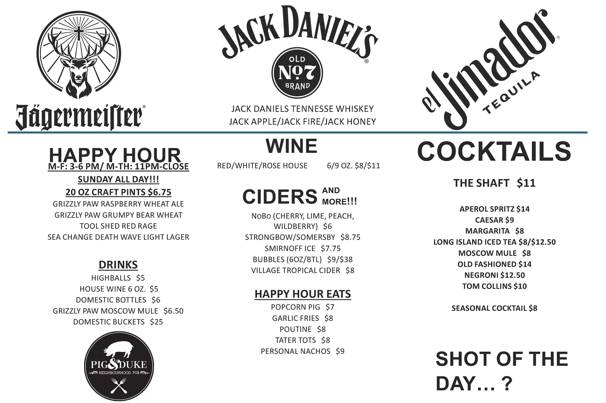 Pig & Duke Drink Menu Page 2