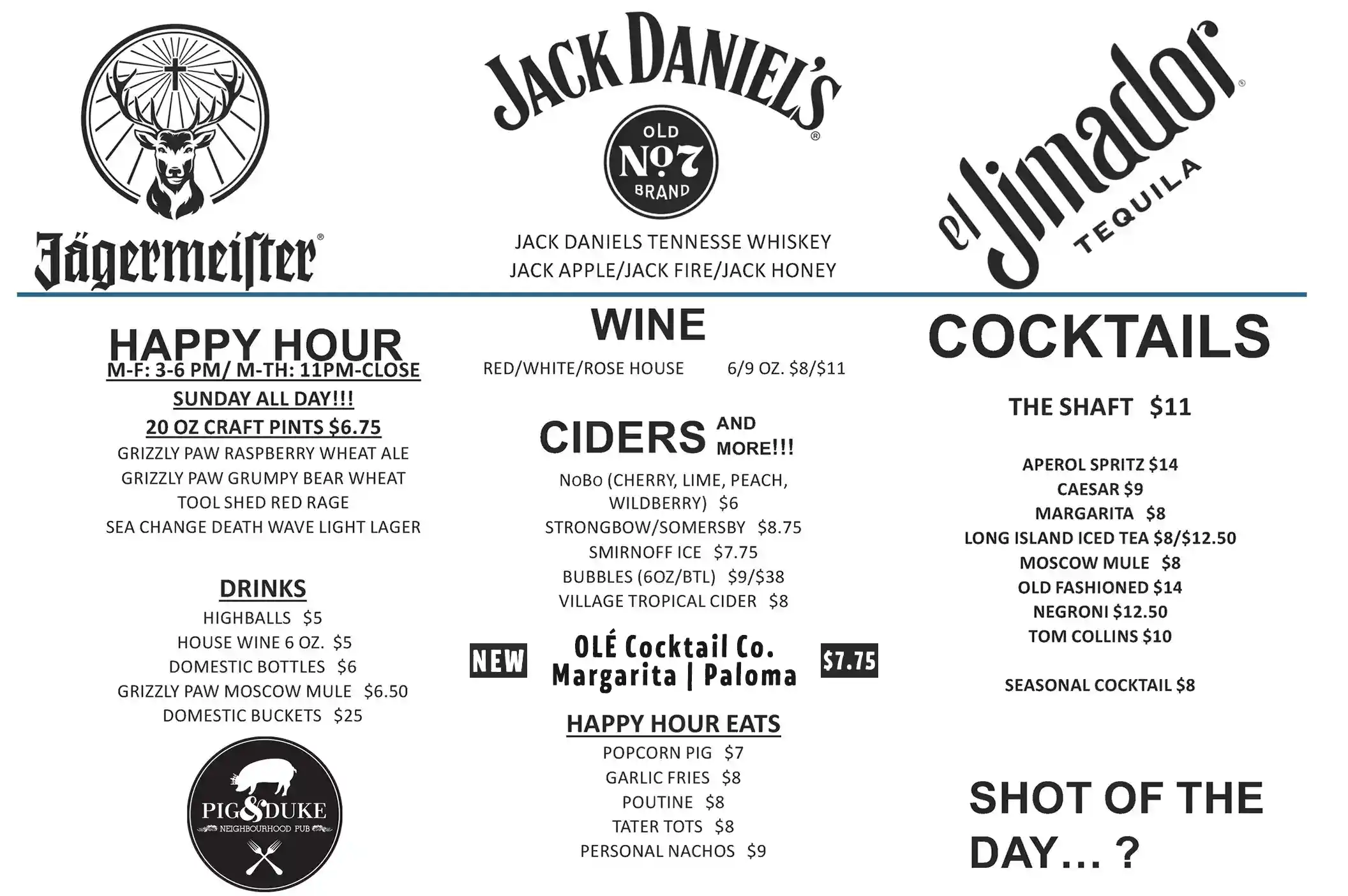 Pig & Duke Drink Menu Page 2