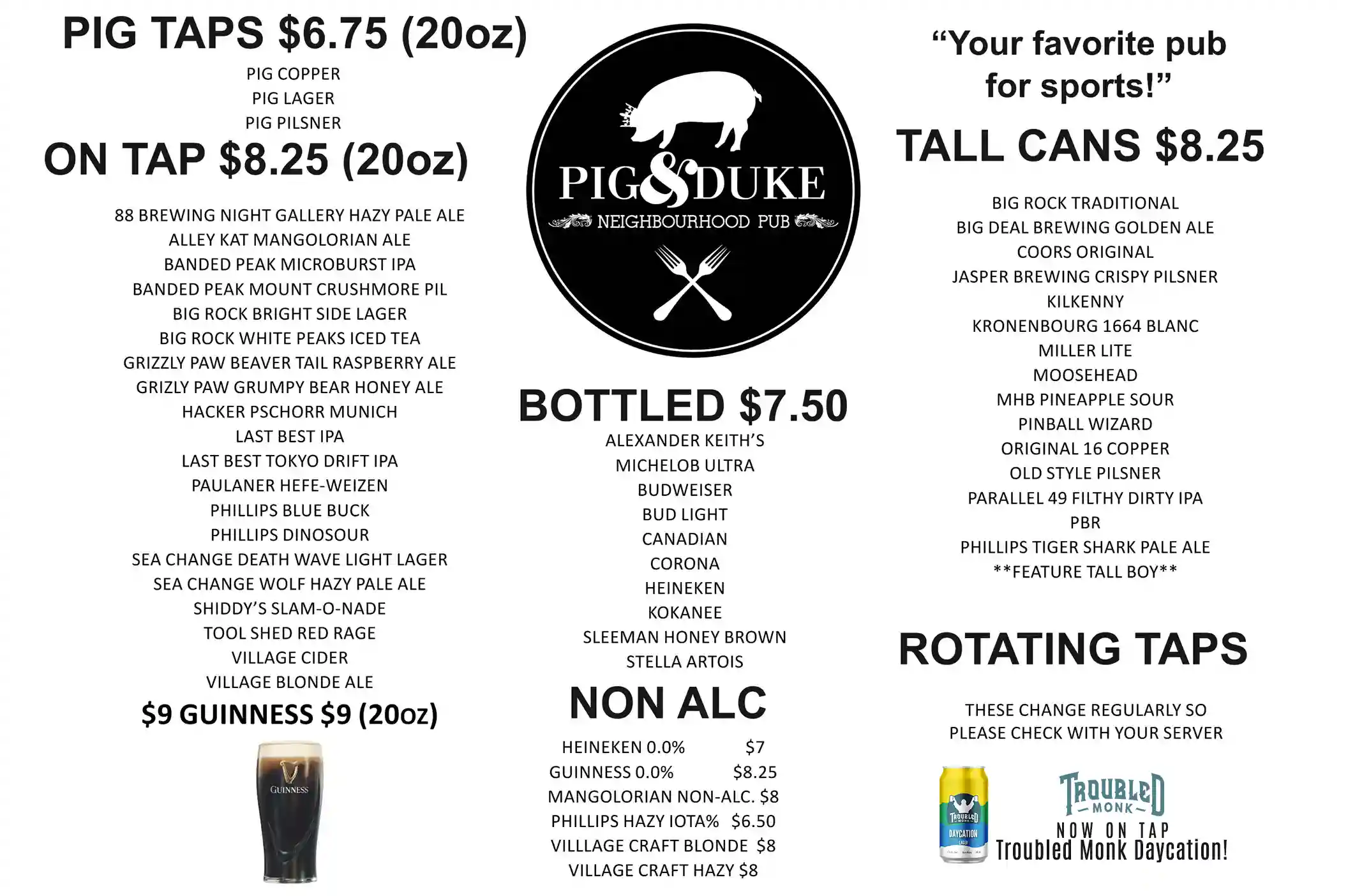 Pig & Duke Drink Menu Page 1