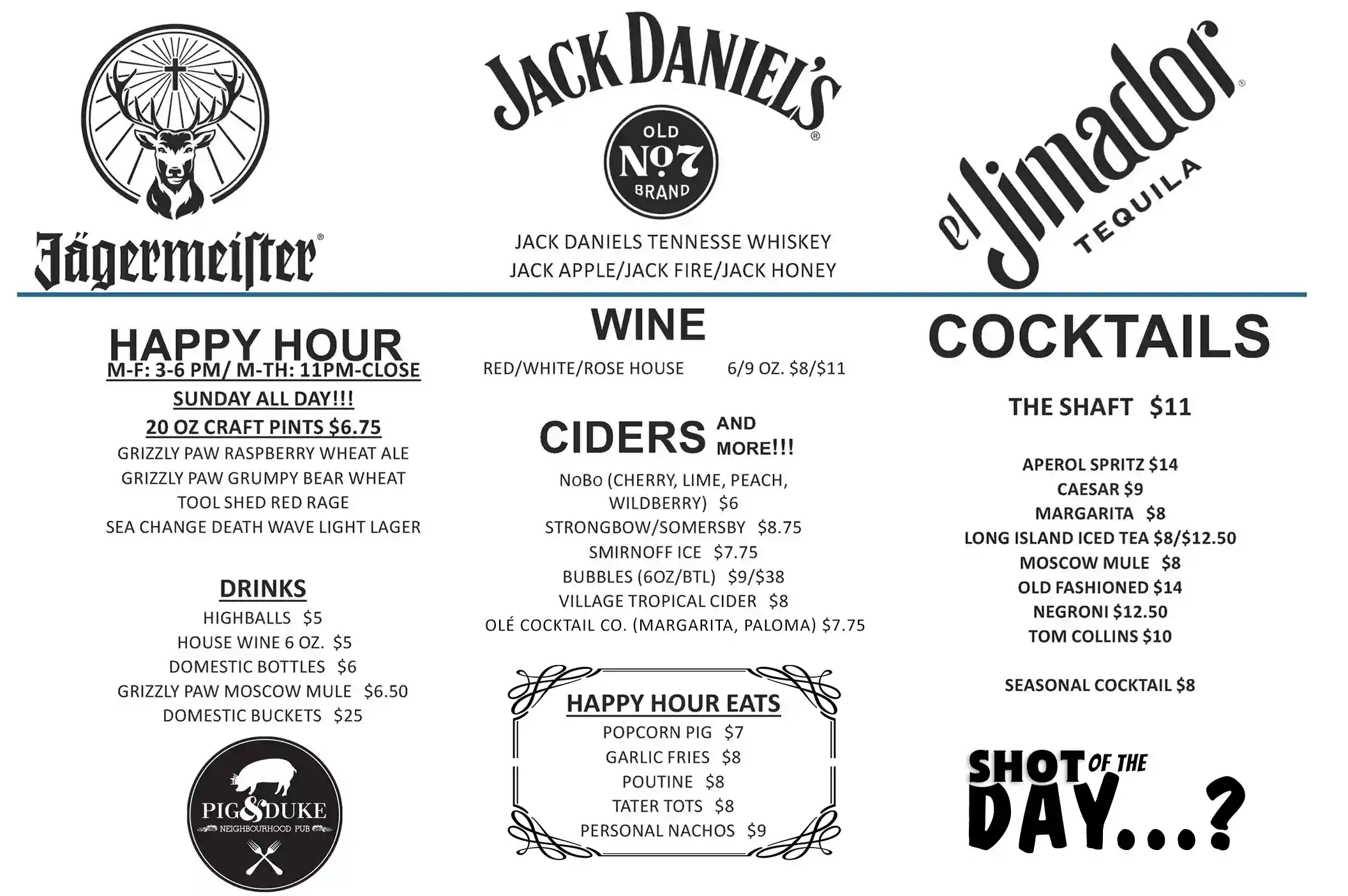 Pig & Duke Drink Menu Page 2