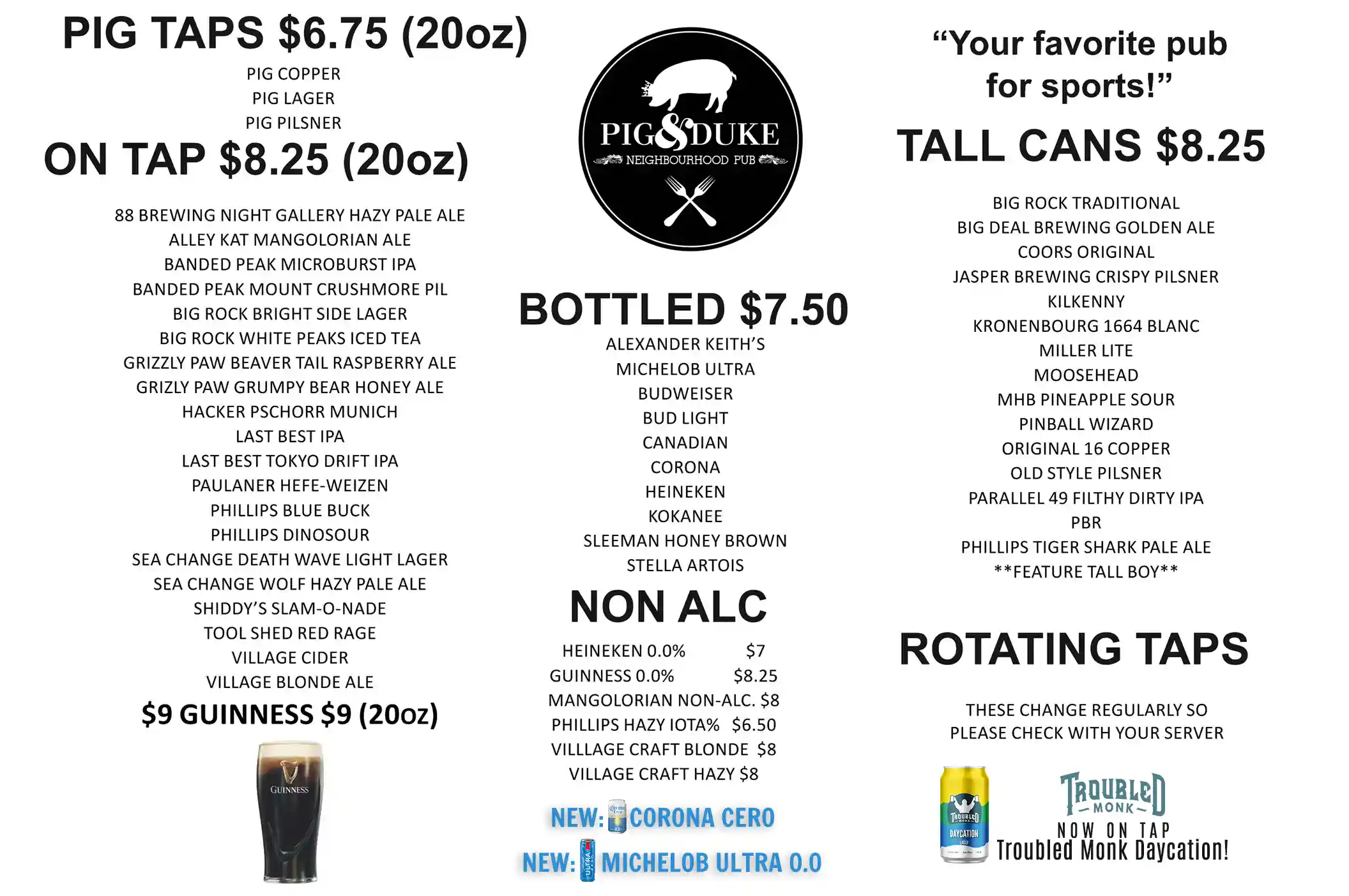 Pig & Duke Drink Menu Page 1
