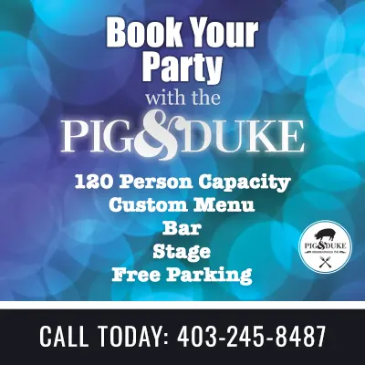 Book Your Party with the Pig & Duke - Call Today: 403-245-8487 • 120 Person Capacity / Custom Menu / Bar / Stage / Free Parking [Picture: blue variations bokeh balls background]