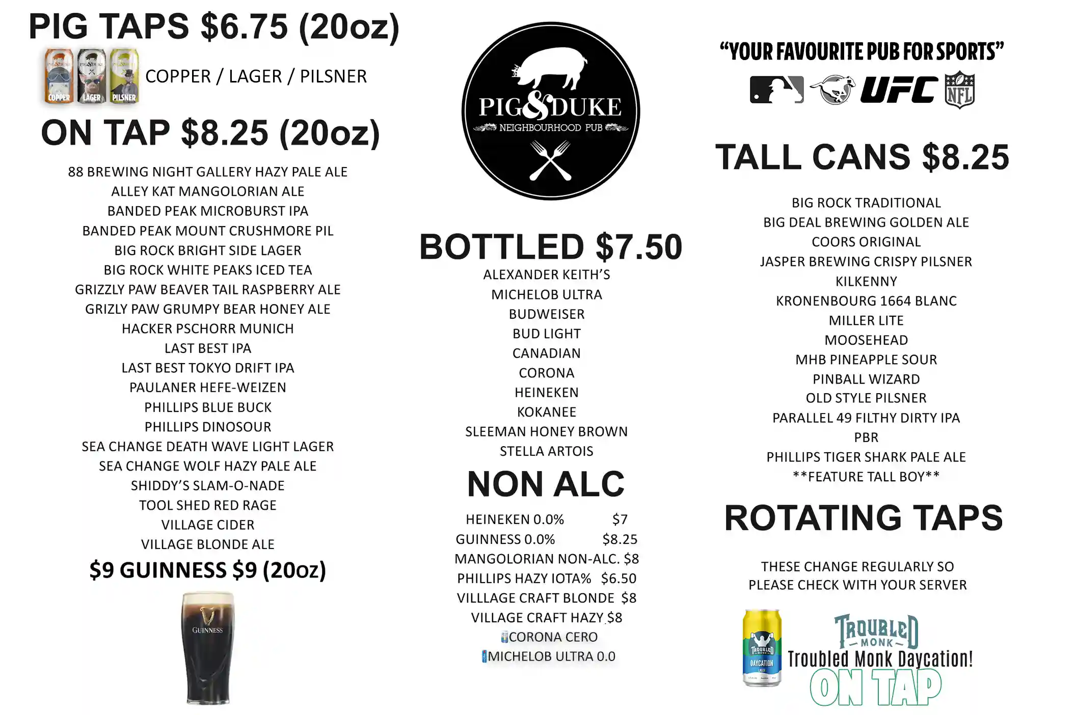 Pig & Duke Drink Menu Page 1