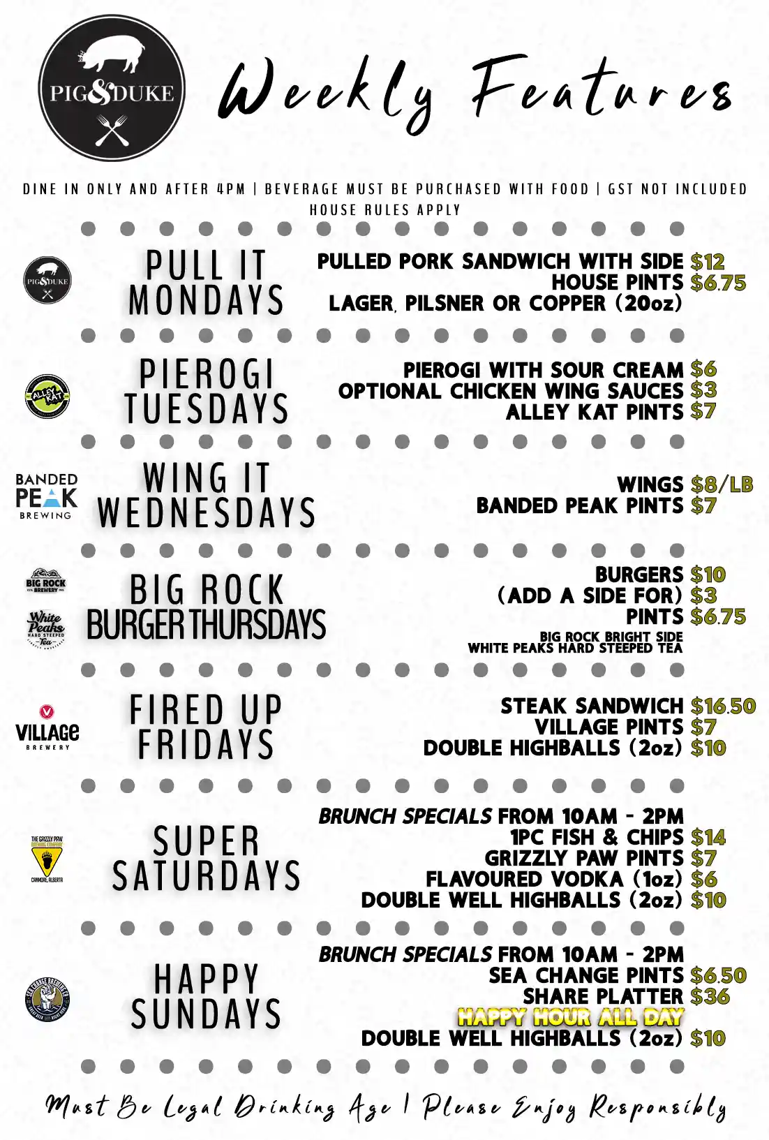 Pig & Duke Weekly Features: Pull It Mondays, Pierogi Tuesdays, Wing It Wednesdays, Big Rock Burger Thursdays, Fired Up Fridays, Super Saturdays & Happy Sundays