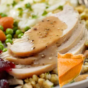 A Pig & Duke Thanksgiving Dinner • Available Saturday, October 10 through Monday, October 12 • 12PM - 10PM • $22 GST Not Included | House Rules Apply: Are you craving a classic, cozy Thanksgiving dinner—turkey with all the fixings, cranberry sauce, and pumpkin pie. A delicious lineup: Turkey, Mashed Potatoes, Stuffing, Peas, Carrots, Cranberry sauce and Pumpkin pie for dessert. The Perfect comfort food! [Picture: Plated Thanksgiving Dinner and a slice of Pumpkin Pie]